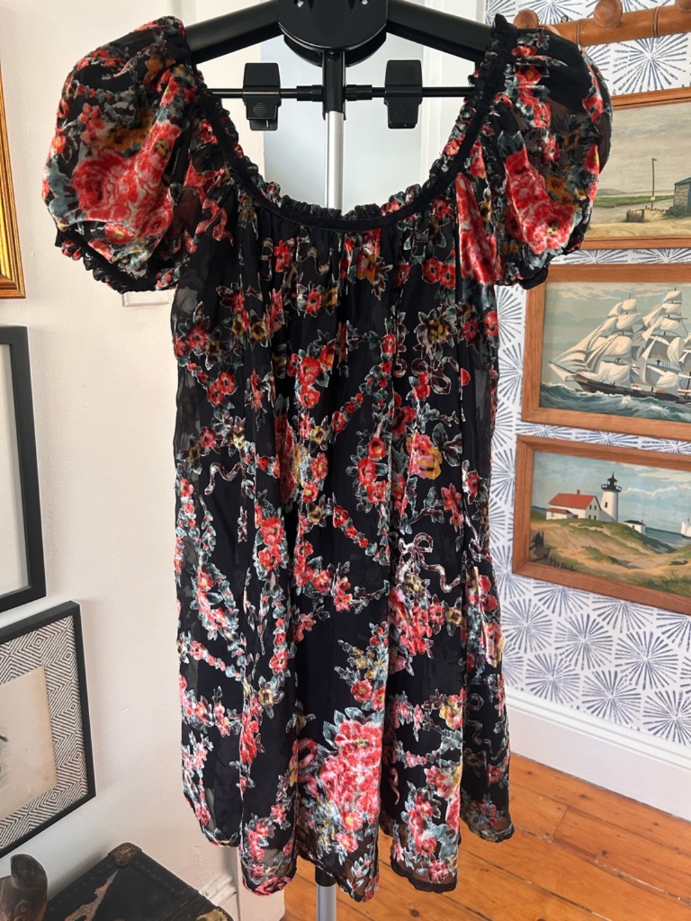 Free People “Beautiful Blooms” velvet/georgette babydoll dress